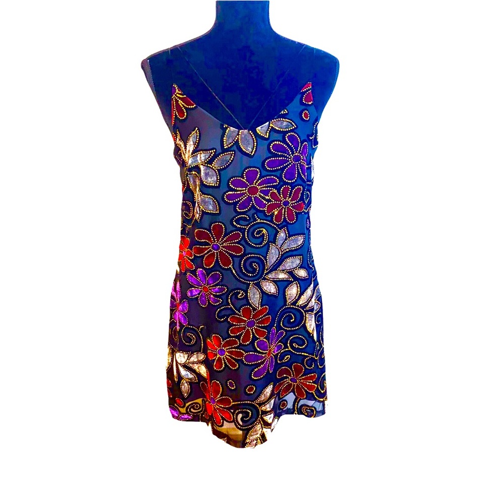 Gypsy Rose Velvet Party Dress Medium With Beaded Flowers Spaghetti Straps